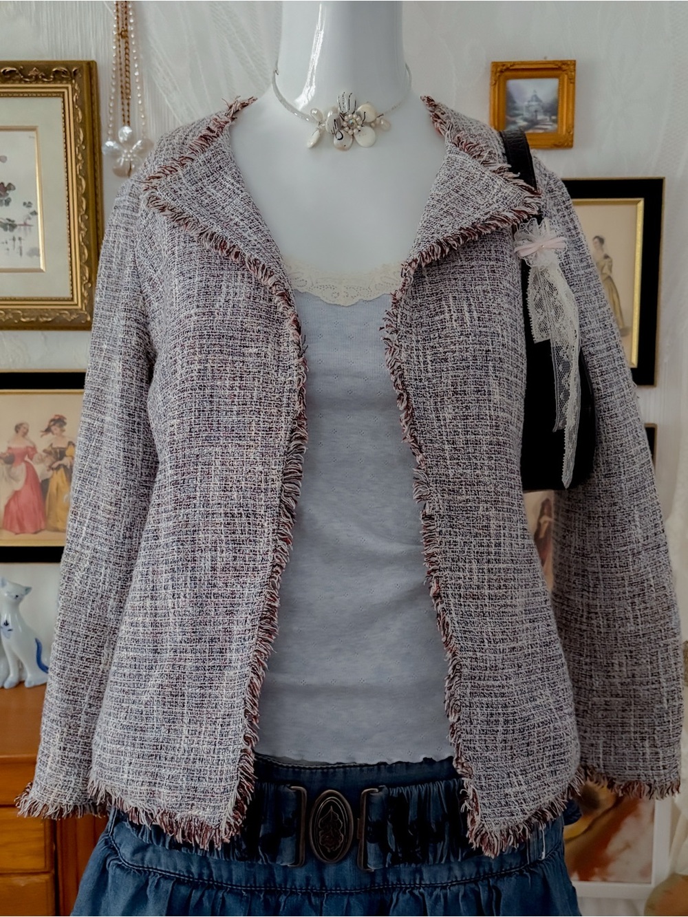 Preppy academia fall girly open front tweed cotton blend blazer jacket